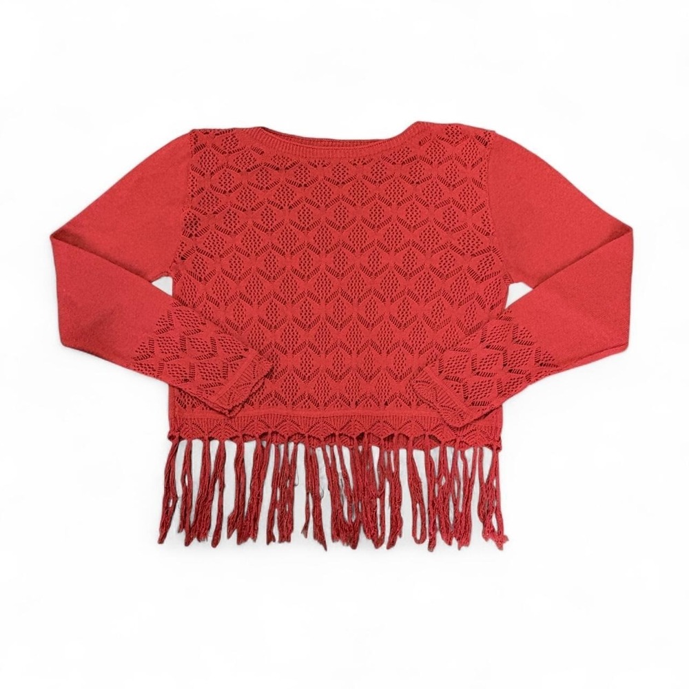 Art Nossa Tricot Women's M Red Pointelle Crochet Fringe Crop Sweater Boho Chic